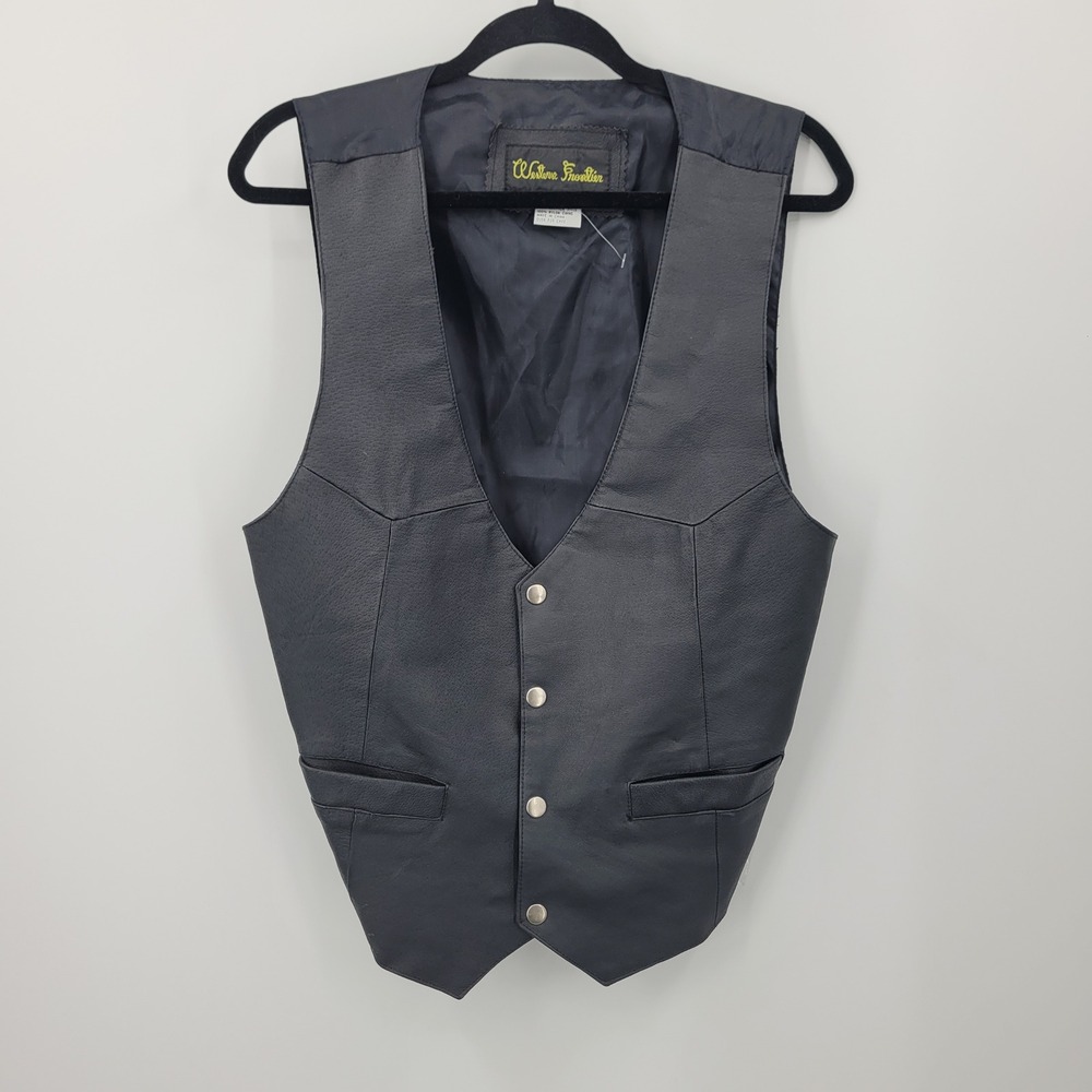 Vtg Western Rockabilly Biker Black Leather Vest Snap Front Adjustable Back Sz S